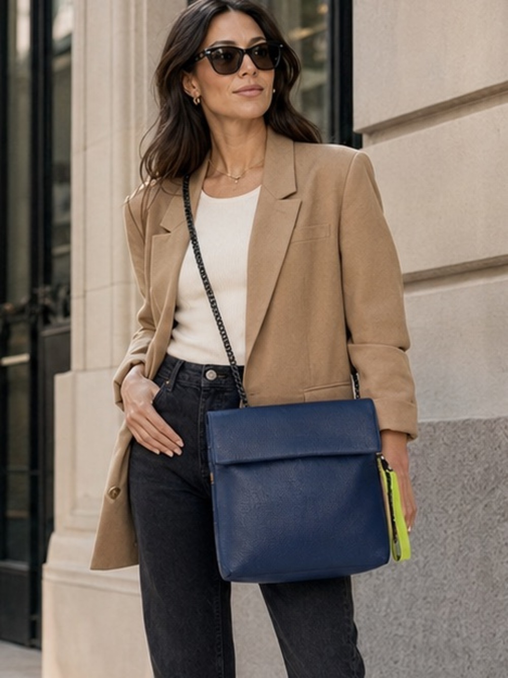 Navy Pebbled Buffalo Leather Statement Messenger Large Crossbody Bag Ampersand